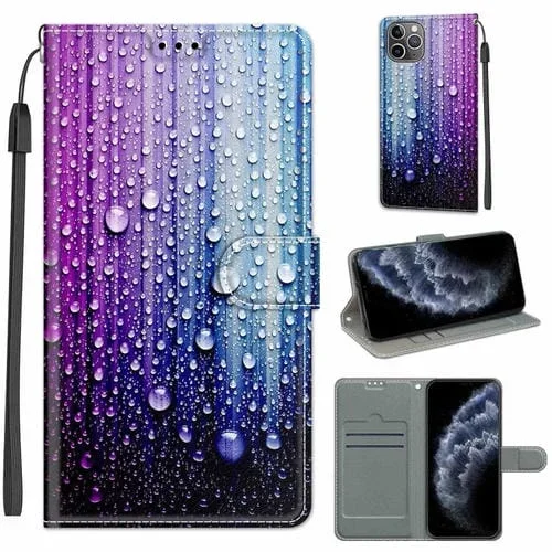 Funda para iPhone 11 Pro Cuero de PU con Cierre Magnético Soporte y Ranuras para Tarjetas (Purple Blue Water Drops)