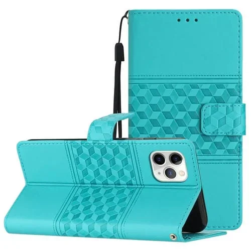 Funda para iPhone 11 Pro Diamond Embossed Skin Feel Leather con Cordón (Azul)