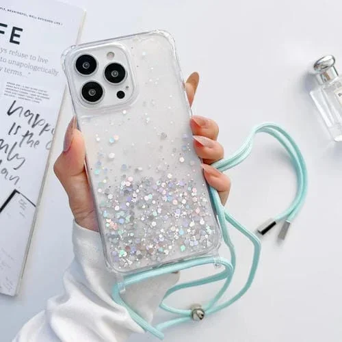 Funda para iPhone 11 Pro Lanyard Glitter Epoxy Clear Phone Case (Azul)