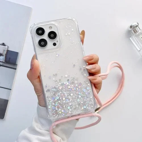 Funda para iPhone 11 Pro Lanyard Glitter Epoxy Clear Phone Case (Rosa)