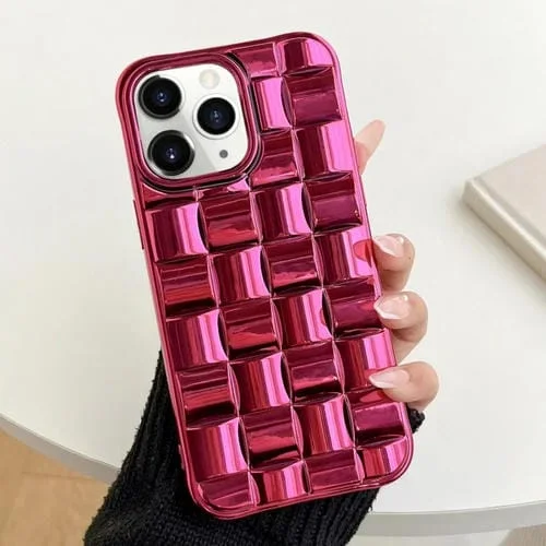 Funda para iPhone 11 Pro Max 3D Cube Weave Textura Galvanoplastia (Rosa Roja)