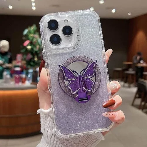 Funda para iPhone 11 Pro Max con Espejo Soporte de Mariposa Purpurina Magsafe (Morado)
