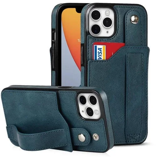 Funda para iPhone 11 Pro Max Crazy Horse Texture Cuero TPU + PU a Prueba de Golpes con Ranura para Tarjeta y Correa para la Muñeca (Azul Zafiro)