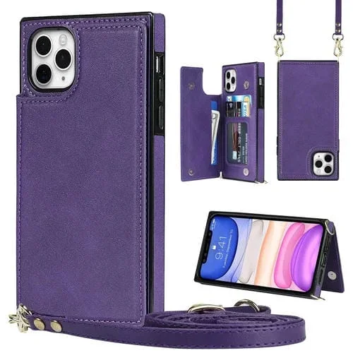 Funda para iPhone 11 Pro Max Cross-Body Square Doble Hebilla Flip Card Bag TPU + PU con Ranuras para Tarjetas y Correa (Púrpura)