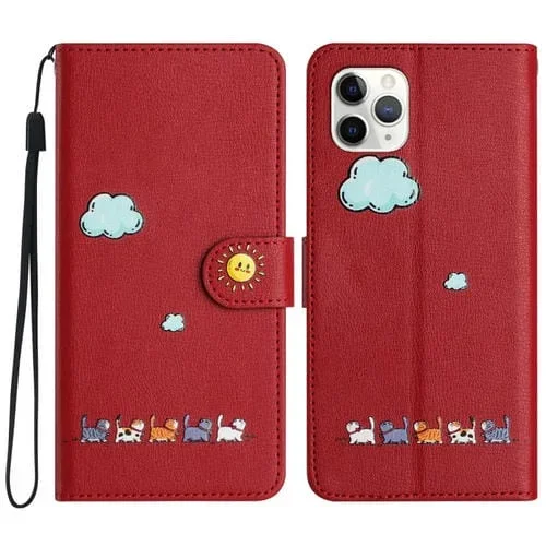 Funda para iPhone 11 Pro Max Cuero Gatos Dibujos Animados (Rojo)