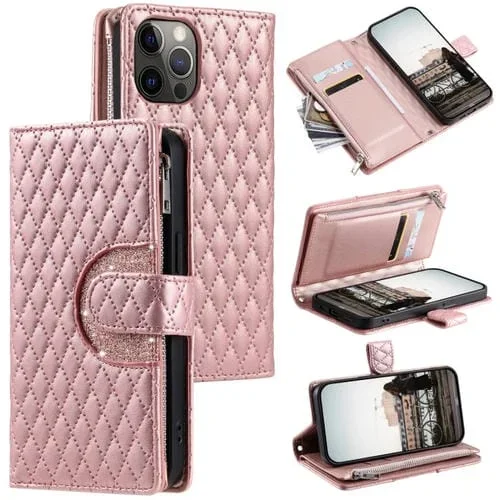 Funda para iPhone 11 Pro Max Glitter Lattice Zipper Wallet Cuero (Oro Rosa)