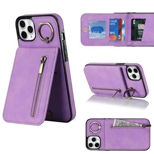 Funda para iPhone 11 Pro Max Retro Ring y Zipper Rfid Card Slot (Púrpura)