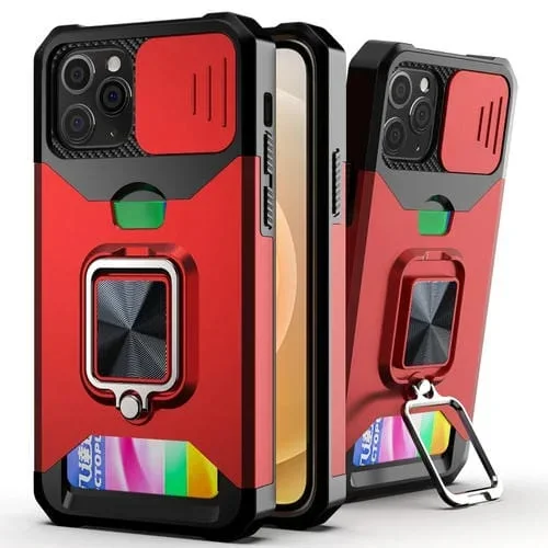 Funda para iPhone 11 Pro Max Sliding Camshield Card Slot Ring Kickstand (Rojo)