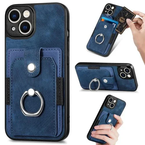 Funda para iPhone 11 Pro Retro Skin-Feel Ring Card Wallet (Azul)