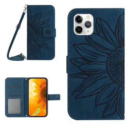 Funda para iPhone 11 Pro Skin Feel Flip Cuero con Cordón Sun Flower (Azul Tinta)