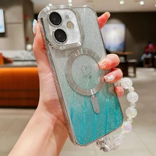 Funda para iPhone 11 TPU con Purpurina Degradada Hojas de Amor Fibra de Carbono Magsafe (Verde)