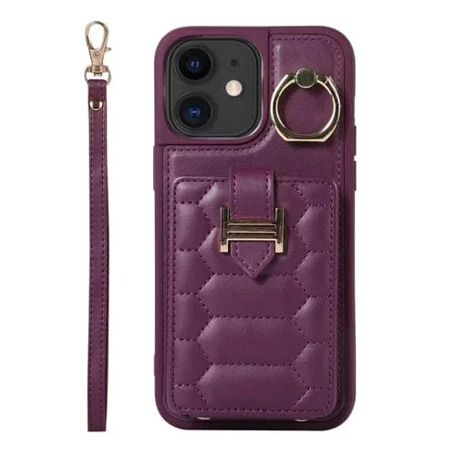 Funda para iPhone 11 Vertical Card Bag Ring Holder con Doble Cordón (Morado Oscuro)
