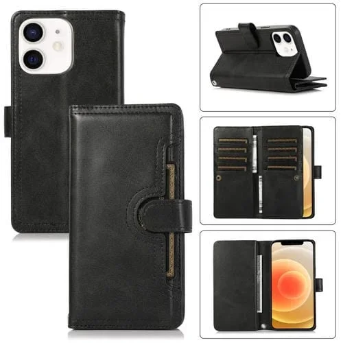 Funda para iPhone 12 Mini Cuero con Ranura para Tarjeta y Pulsera (Negro)