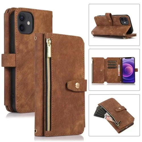 Funda para iPhone 12 Mini Dream 9-Card Wallet Zipper Bag Cuero (Marrón)