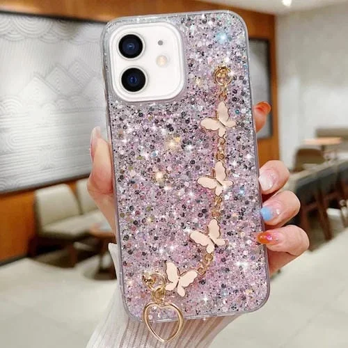 Funda para iPhone 12 Mini TPU Epoxi con Cadena de Mariposa y Lentejuelas Estrelladas (Rosa)