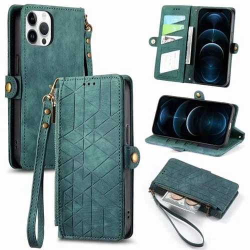 Funda para iPhone 12 Pro Max con Cremallera Geométrica Cartera con Hebilla Lateral de Cuero (Verde)