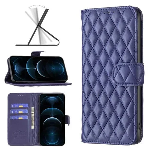 Funda para iPhone 12 Pro Max Diamond Lattice Wallet de Cuero con Tapa (Azul)