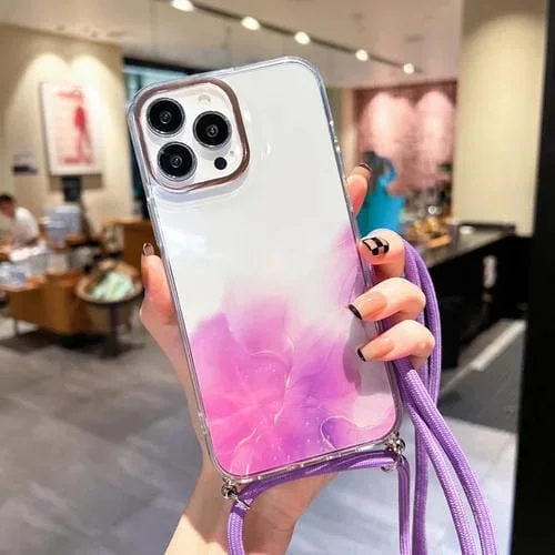 Funda para iPhone 12 Pro Max Gold Halo Marble Pattern con Cordón (Púrpura)