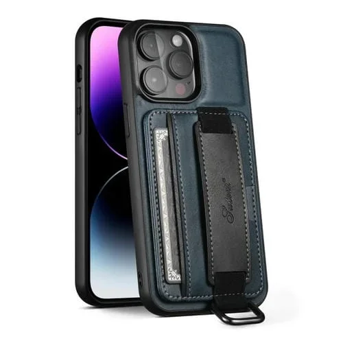 Funda para iPhone 12 Pro Max Suteni H13 Tarjeta Monedero Correa de Muñeca Pu (Azul)