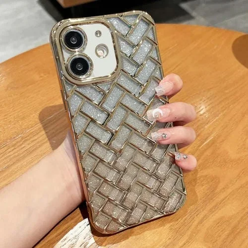 Funda para iPhone 12 Woven Grid 3D Galvanoplastia Grabado Láser Glitter Paper (Oro)