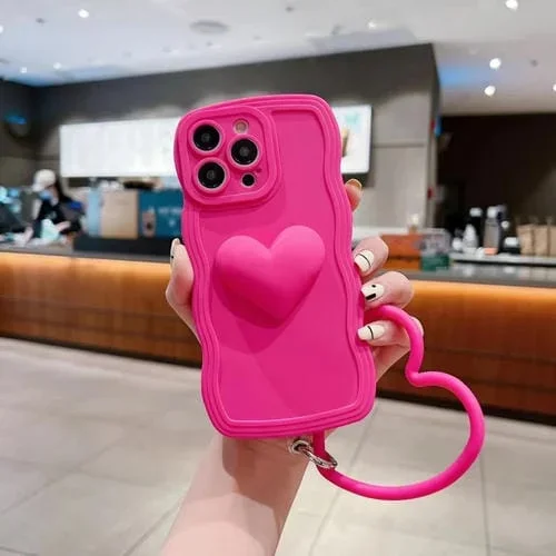 Funda para iPhone 13 Mini 3D Heart Skin-Feel Silicona con Muñequera (Rose Red)