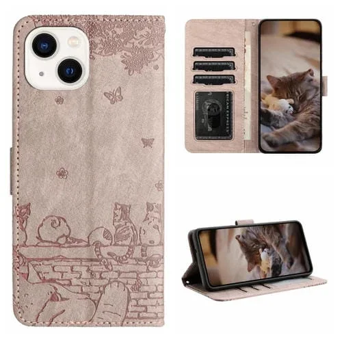 Funda para iPhone 13 Mini Cat Relieve Patrón de Cuero con Cordón (Gris)
