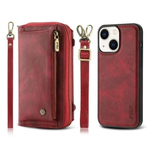 Funda para iPhone 13 Mini Crossbody de Cuero con Billetera y Cremallera Multifuncional (Rojo)