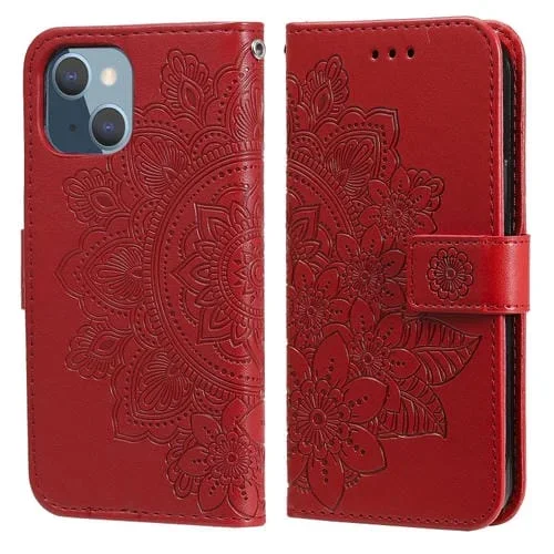 Funda para iPhone 13 Mini Cuero PU Estampado Flores 7 Pétalos Tapa Horizontal Soporte Ranuras Tarjetas Monedero (Rojo)
