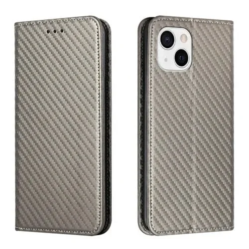 Funda para iPhone 13 Mini de Cuero con Tapa de Textura de Fibra de Carbono (Gris)