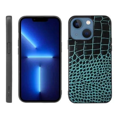 Funda para iPhone 13 Mini Piel de Vaca con Capa Superior de Cocodrilo (Azul Cian)
