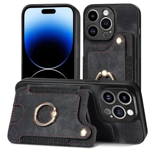 Funda para iPhone 13 Mini Retro Skin-Feel Ring Multi-Card Wallet (Negro)