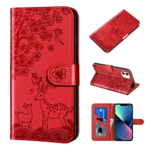 Funda para iPhone 13 Mini Sika Deer Relieve Patrón Horizontal Flip PU Cuero con Soporte Ranura para Tarjeta Billetera y Marco de Fotos (Verde)
