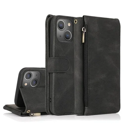 Funda para iPhone 13 Mini Skin-Feel Crazy Horse Textura Zipper Wallet Bag con Tapa Horizontal, Soporte, Ranuras para Tarjetas y Cordón (Negro)