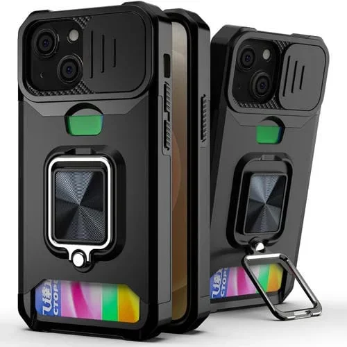 Funda para iPhone 13 Mini Sliding Camshield Card Slot Ring Kickstand (Negro)