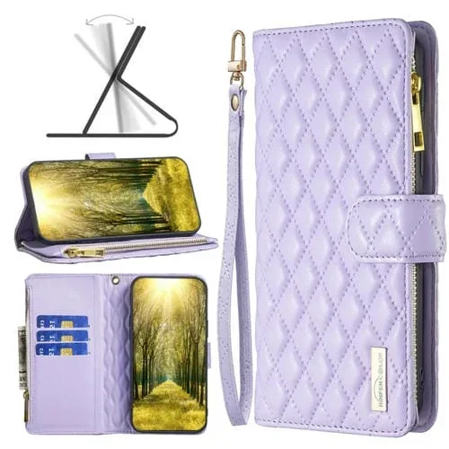 Funda para iPhone 13 Pro Diamond Lattice Zipper Wallet de Cuero con Tapa (Púrpura)