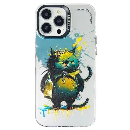 Funda para iPhone 13 Pro Doble Capa Color Plata Serie Animal Pintura al Óleo Gato Enojado