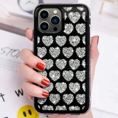 Funda para iPhone 13 Pro Love Hearts Diamond Mirror TPU Phone Case (Negro)