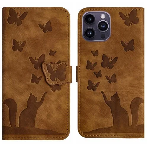 Funda para iPhone 13 Pro Max Butterfly Cat de Cuero con Tapa en Relieve (Marrón)