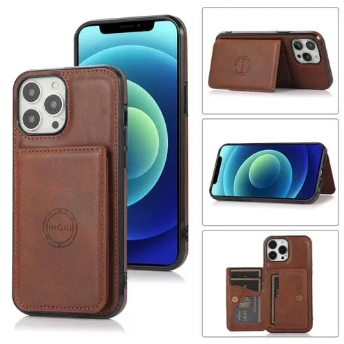 Funda para iPhone 13 Pro Max Calf Texture Bolsa de Tarjeta Magnética PU Estuche a Prueba de Golpes con Soporte y Ranura para Tarjeta (Café)