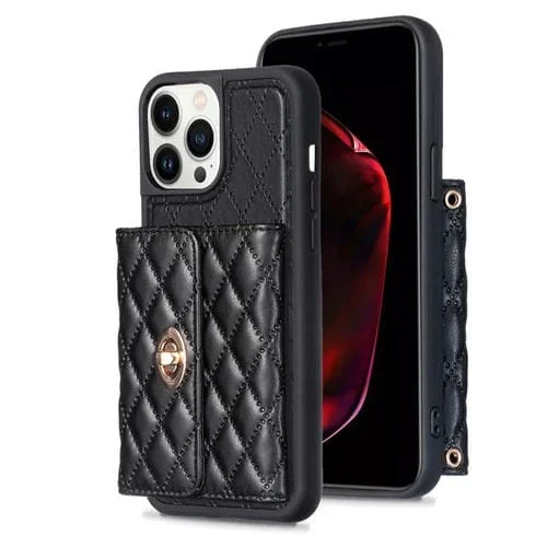 Funda para iPhone 13 Pro Max Horizontal Metal Hebilla Monedero Rombico Cuero (Negro)