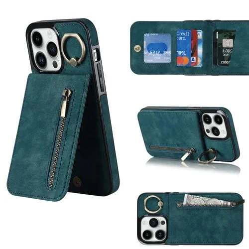 Funda para iPhone 13 Pro Max Retro Ring y Zipper Rfid Card Slot (Azul)
