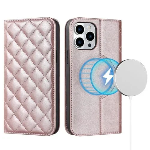Funda para iPhone 13 Pro Max Rhombic Magsafe Rfid Antirrobo Cuero Tipo Billetera (Oro Rosa)