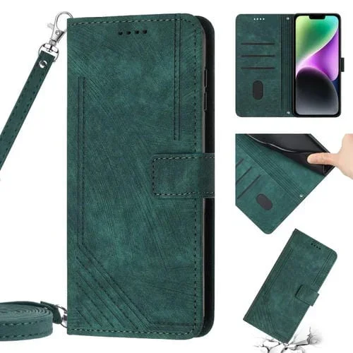 Funda para iPhone 13 Pro Max Skin Feel Stripe Pattern de Cuero con Cordón (Verde)