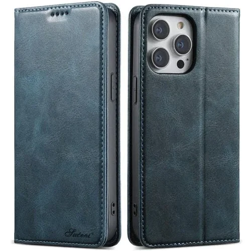 Funda para iPhone 13 Pro Max Suteni J02 Cuero con Billetera Cera de Aceite (Azul)