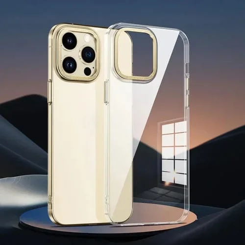 Funda para iPhone 13 Pro Metal Lens Ring Clear PC Phone Case (Oro)