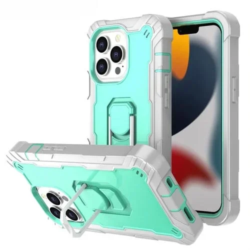 Funda para iPhone 13 Pro PC + Goma 3 Capas a Prueba de Golpes con Soporte Giratorio (Gris Blanco y Verde Menta)