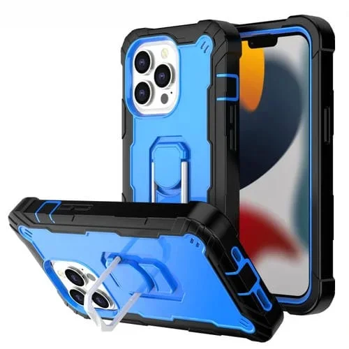 Funda para iPhone 13 Pro PC + Goma 3 Capas a Prueba de Golpes con Soporte Giratorio (Negro + Azul)