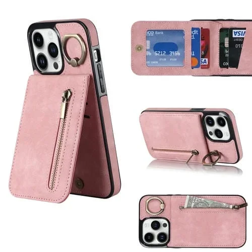 Funda para iPhone 13 Pro Retro Ring y Zipper con Ranura RFID para Tarjetas (Rosa)