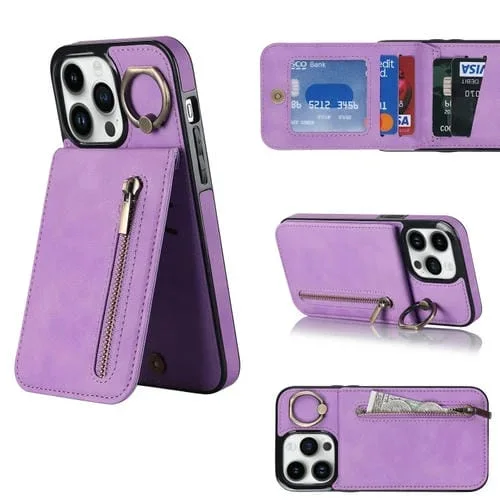 Funda para iPhone 13 Pro Retro Ring y Zipper Rfid Card Slot (Púrpura)