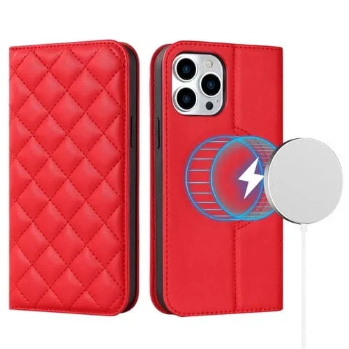 Funda para iPhone 13 Pro Rhombic Magsafe Rfid Antirrobo Cuero Tipo Billetera (Rojo)